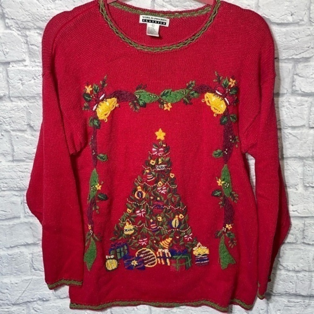 Vintage Christmas Tree Work in Progress Collectibles Knit Beaded Holiday Sweater
